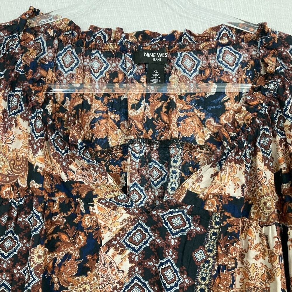 Nine West Brown Black Boho Print Ultra Soft Comfy Popover Blouse XL - Picture 4 of 10
